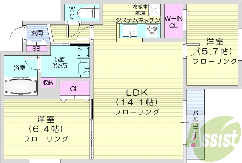 2LDK、エアコン、都市ガス、システムキッチン