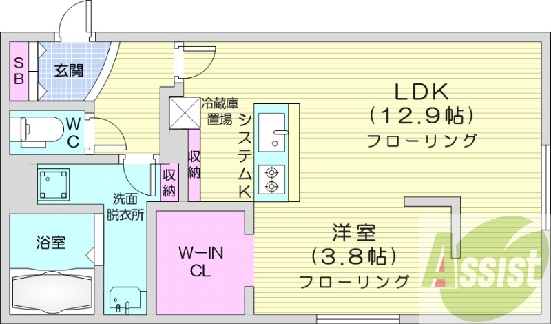 1LDK、エアコン、都市ガス、システムキッチン