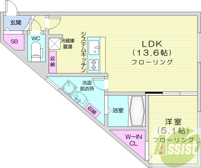 1LDK、エアコン、都市ガス、システムキッチン