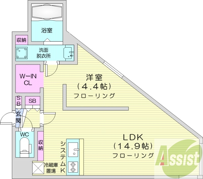 1LDK、エアコン、都市ガス、システムキッチン
