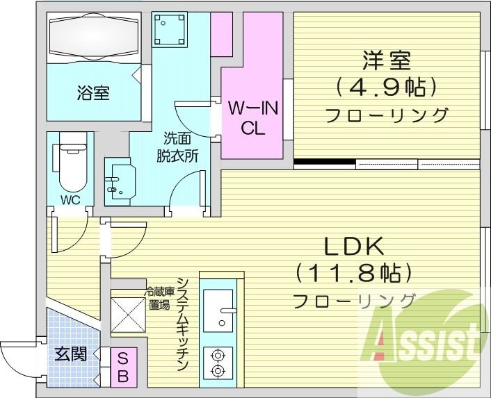 1LDK、エアコン、都市ガス、システムキッチン
