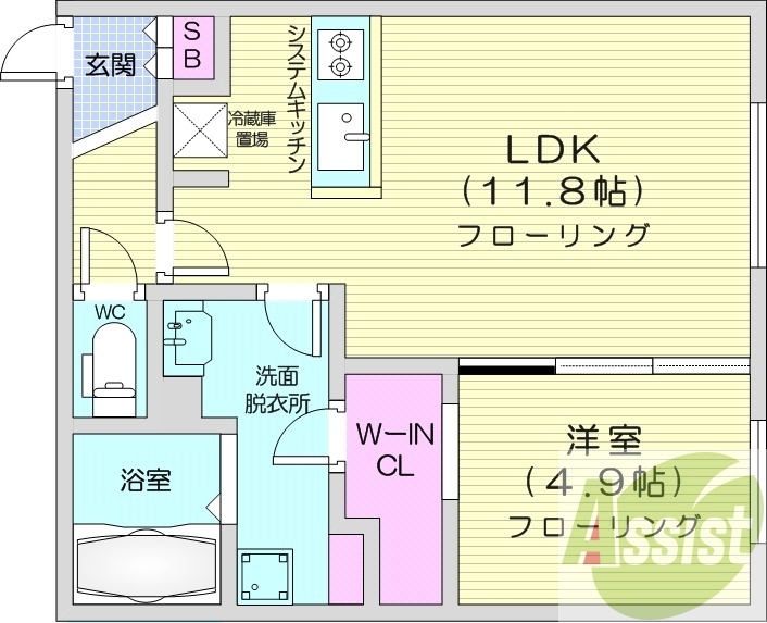 1LDK、エアコン、都市ガス、システムキッチン