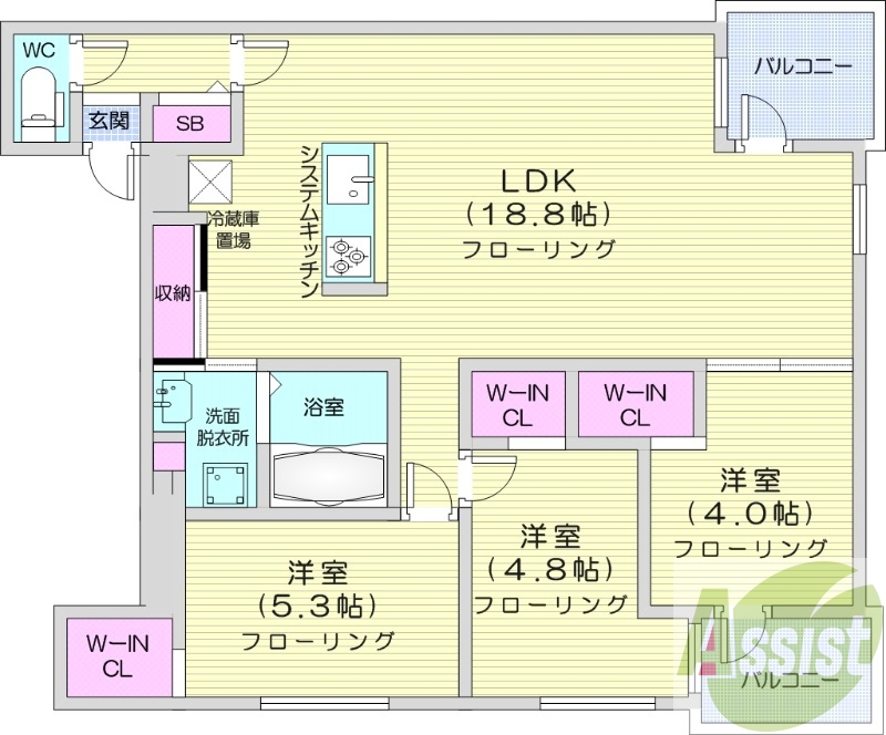 3LDK、エアコン、システムキッチン、浴室乾燥機