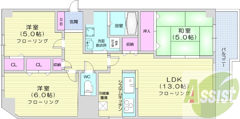 3LDK、システムキッチン、トランクルーム、洗髪洗面化粧台