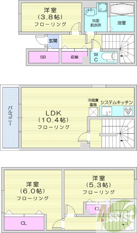 3LDK、メゾネット、エアコン、システムキッチン