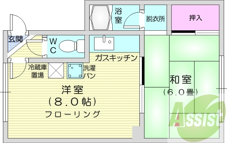 1DK、バストイレ別、灯油暖房、ガス給湯