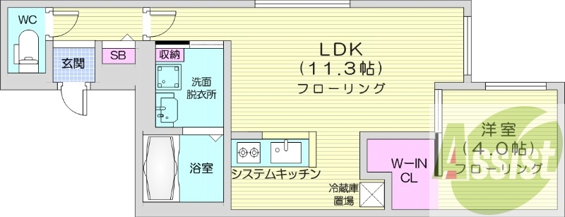 1LDK、エアコン、システムキッチン、浴室乾燥機