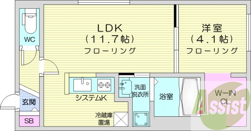 1LDK、エアコン、システムキッチン、浴室乾燥機