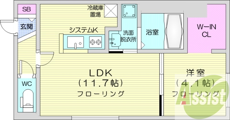 1LDK、エアコン、システムキッチン、浴室乾燥機