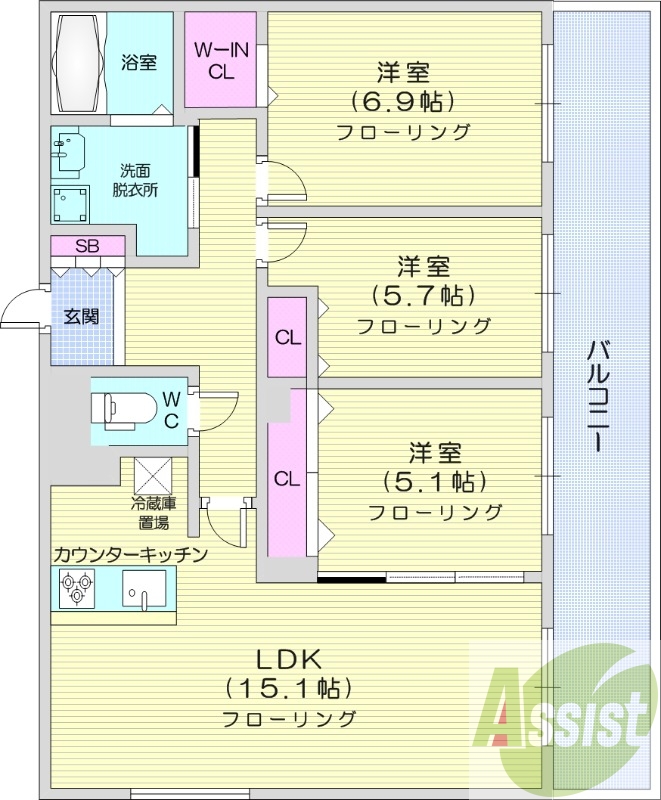 3LDK、エアコン、追い焚き、システムキッチン