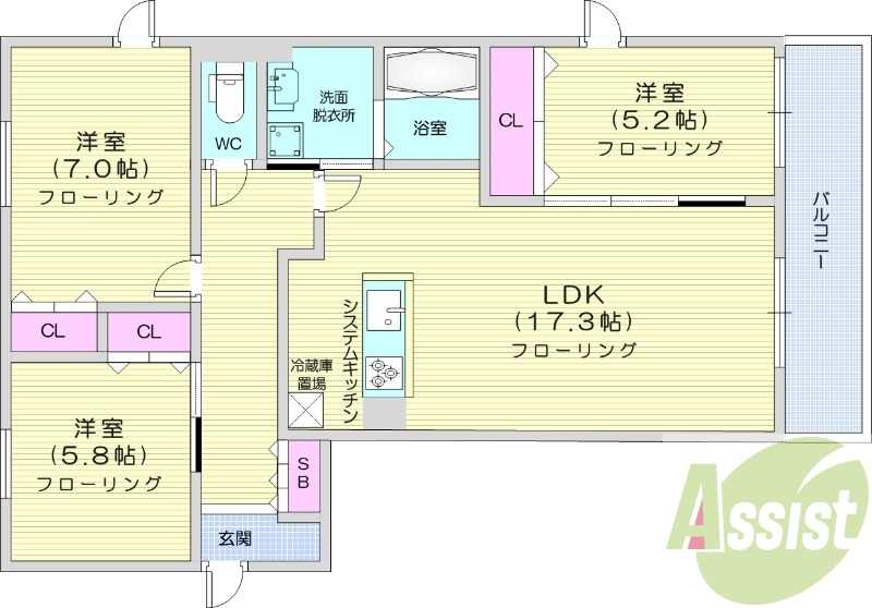 3LDK、エアコン、追い焚き、システムキッチン