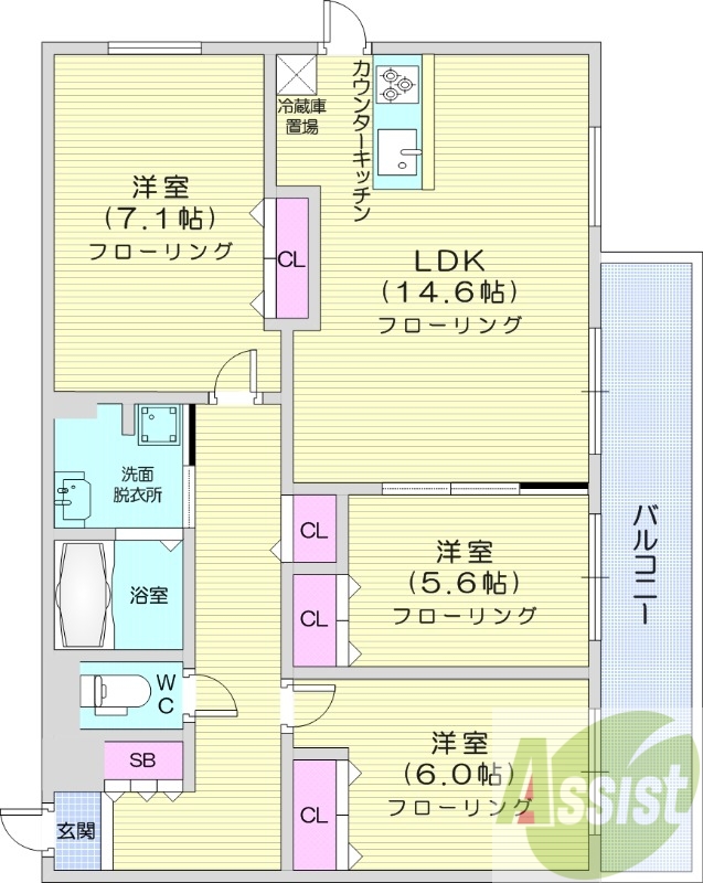 3LDK、エアコン、追い焚き、システムキッチン