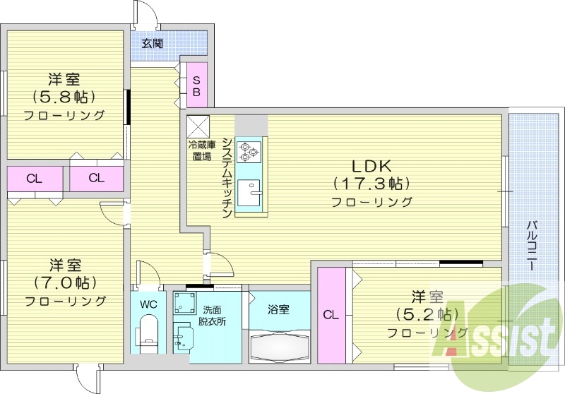 3LDK、エアコン、追い焚き、システムキッチン