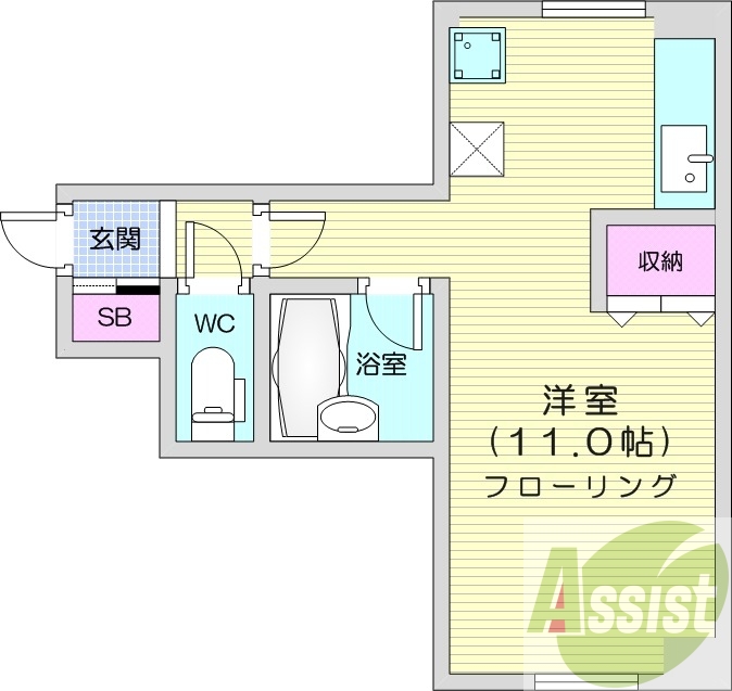 1R、バストイレ別、ガスFF暖房、室内洗濯機置場