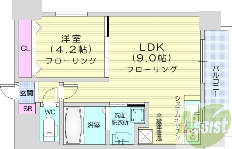 1LDK、都市ガス、エアコン、システムキッチン、ネット無料