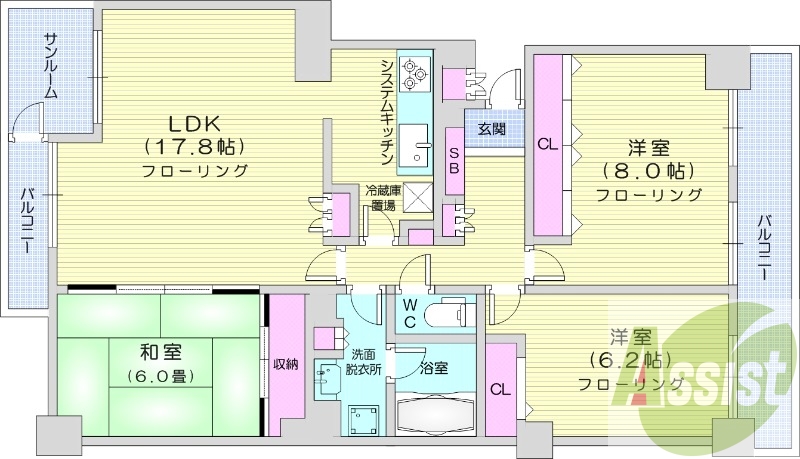 3LDK、都市ガス、オートロック、システムキッチン