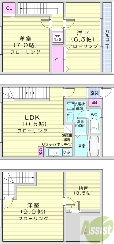 3LDK、独立洗面台、ケーブルTV、バストイレ別