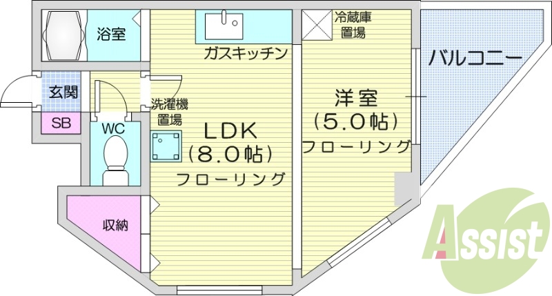 1LDK、バストイレ別、オートロック、灯油FF暖房