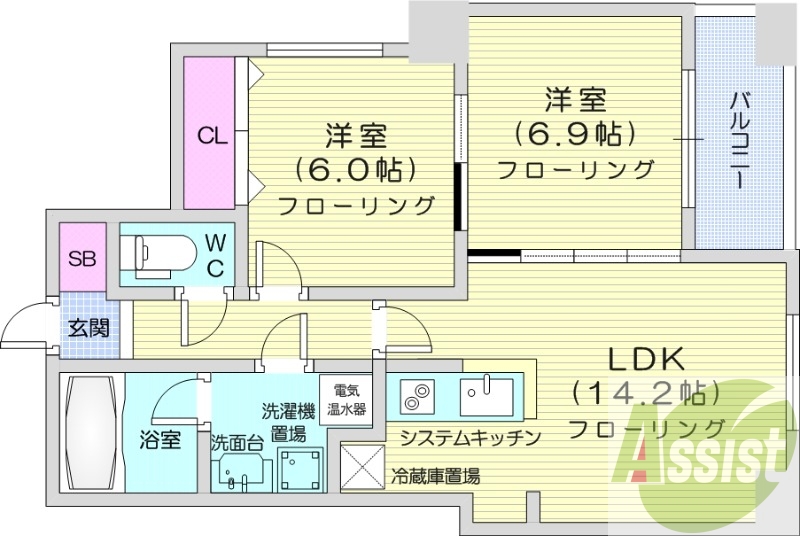 2LDK、クローゼット、バルコニー、エアコン、オール電化