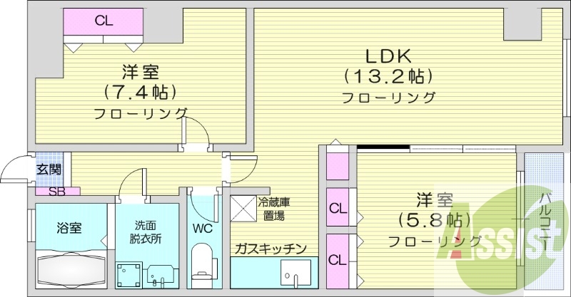 2LDK、オートロック、バストイレ別、灯油暖房