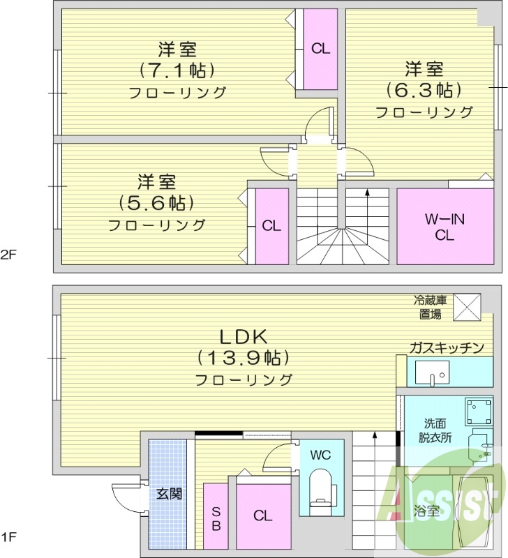 3LDK、エアコン、独立洗面台、浴室乾燥機、トランクルーム
