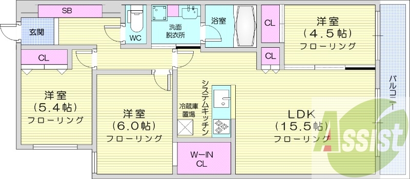 3LDK、都市ガス、エアコン、追い焚き、浴室乾燥機