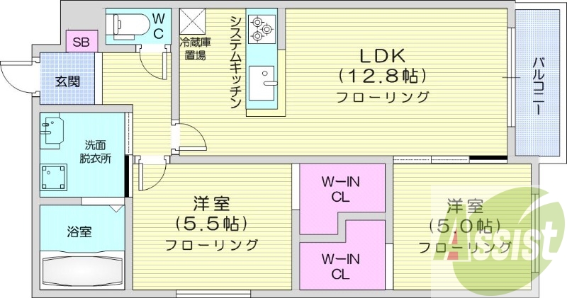 2LDK、都市ガス、エアコン、システムキッチン、浴室乾燥機