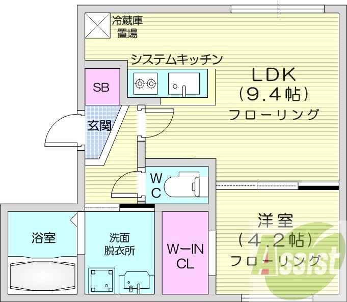 1LDK、都市ガス、エアコン、システムキッチン、浴室乾燥機