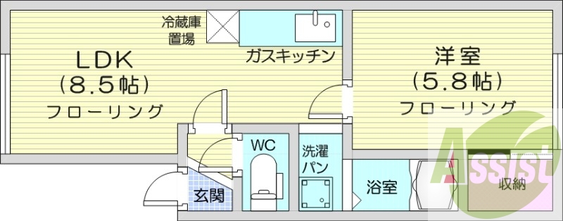 1LDK、灯油FF暖房、室内洗濯機置場、収納