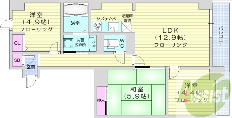 3LDK、オートロック、システムキッチン、追い焚き