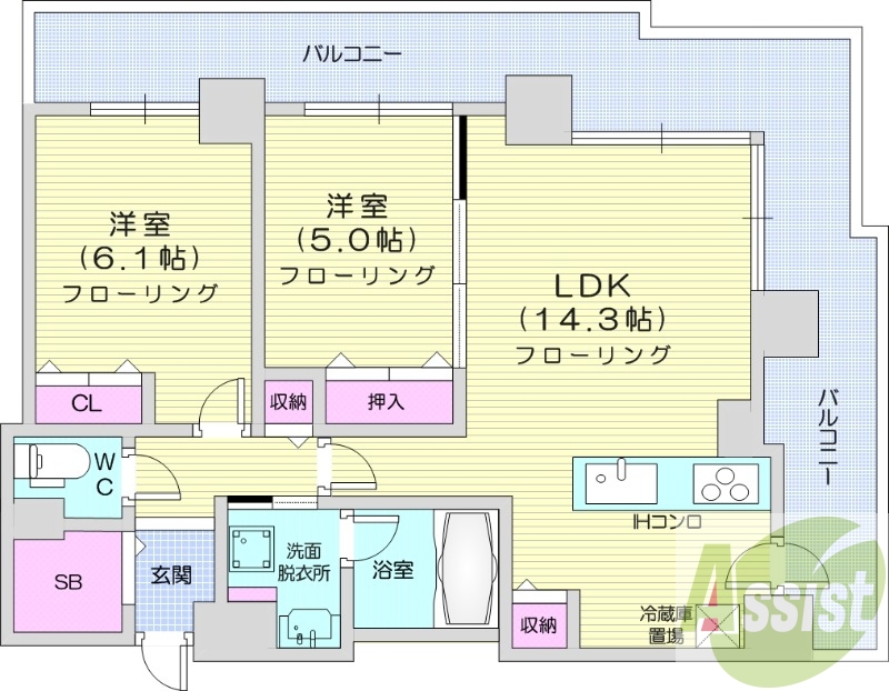 2LDK、都市ガス、追炊き、ディスポーザー、床暖房