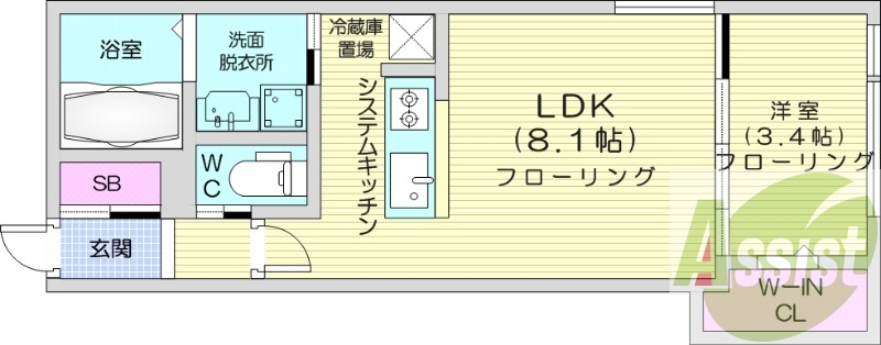 1LDK、エアコン、都市ガス、システムキッチン