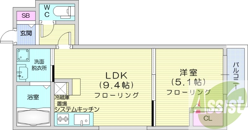 1LDK、エアコン、都市ガス、システムキッチン、