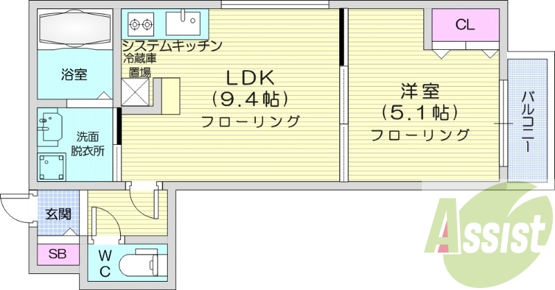 1LDK、エアコン、都市ガス、システムキッチン、
