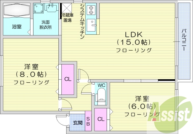 2LDK、エアコン、灯油暖房、独立洗面台