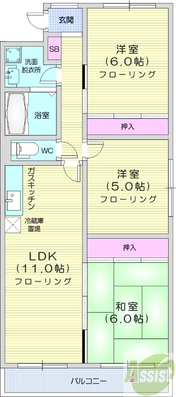 3ＬＤＫ、エアコン、都市ガス、バストイレ別