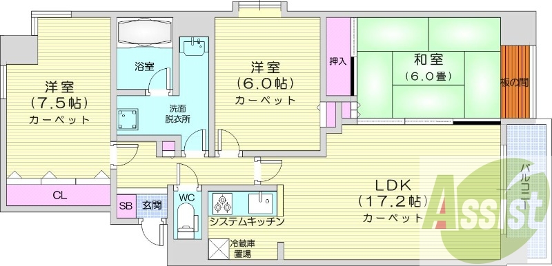 3LDK、システムキッチン、バストイレ別