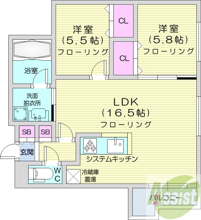 2LDK、システムキッチン、エアコン、ネット無料