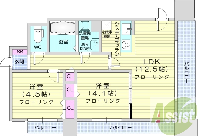 2LDK、システムキッチン、ウォシュレット