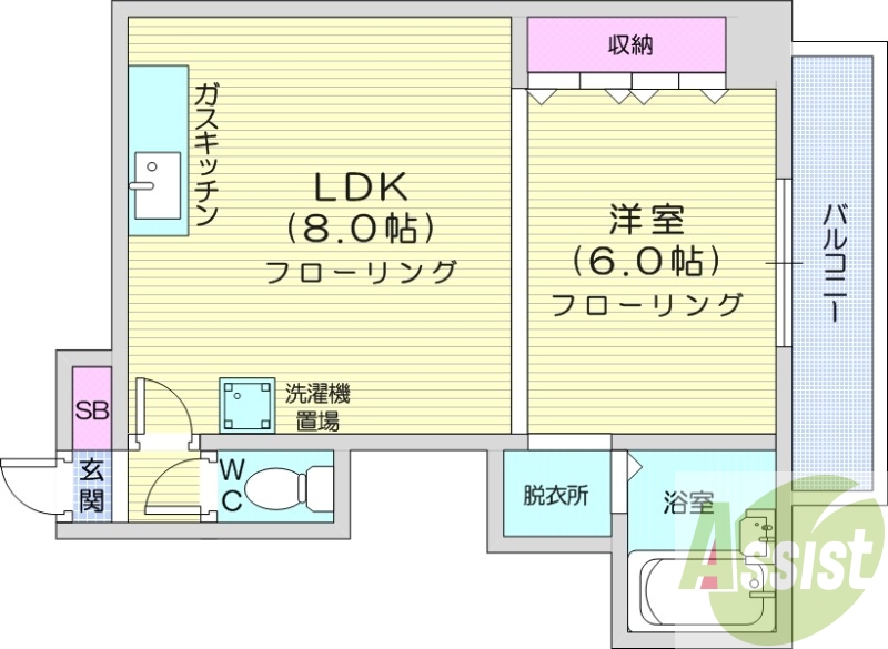 1LDK、収納、洗濯機置場、ガス暖房、エアコン