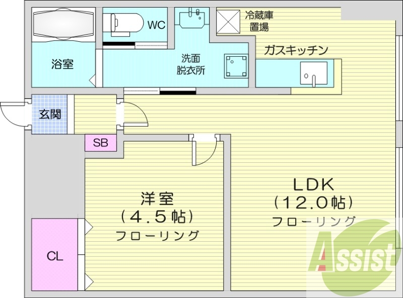 1LDK、シャワートイレ、ガス暖房、ネット使用料不要
