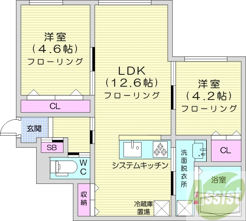 2LDK、エアコン、都市ガス、システムキッチン