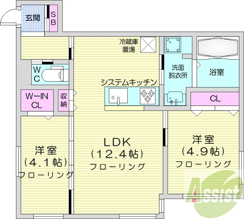2LDK、エアコン、都市ガス、システムキッチン