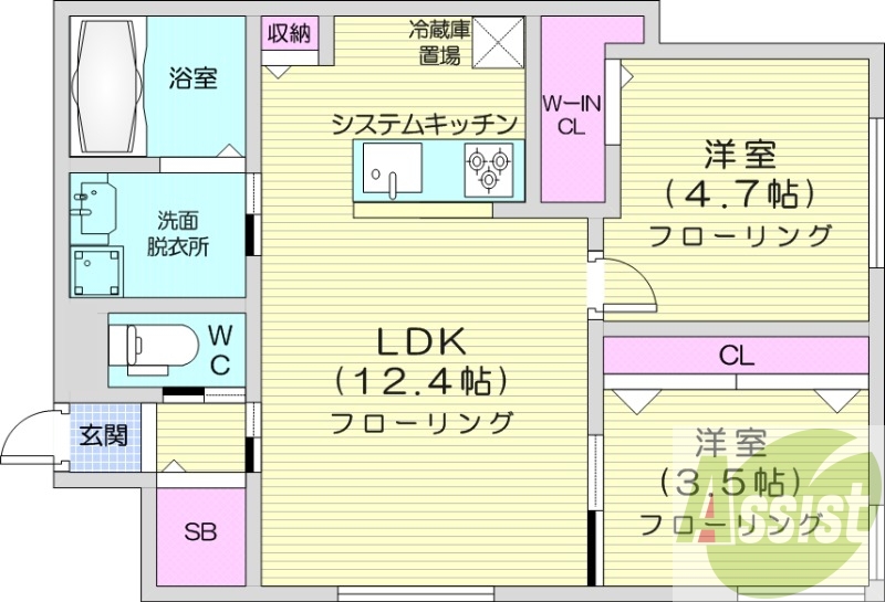 2LDK、エアコン、都市ガス、システムキッチン