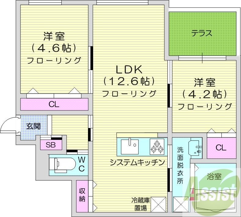 2LDK、エアコン、都市ガス、システムキッチン
