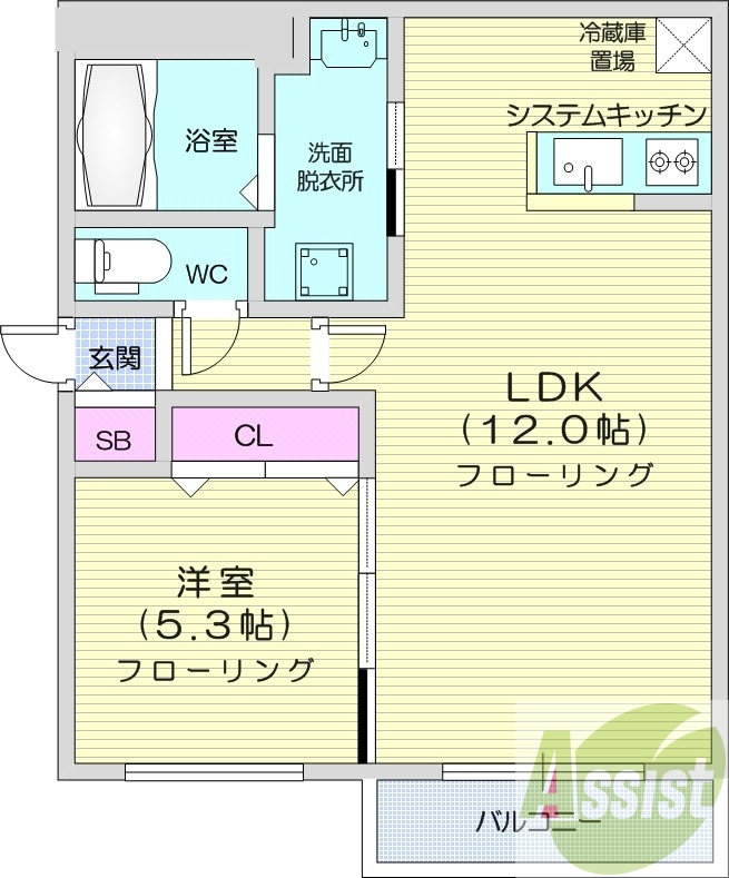 1LDK、エアコン、都市ガス、システムキッチン