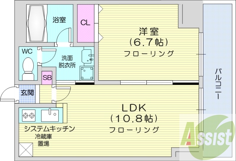 1LDK、エアコン、システムキッチン、シューズボックス