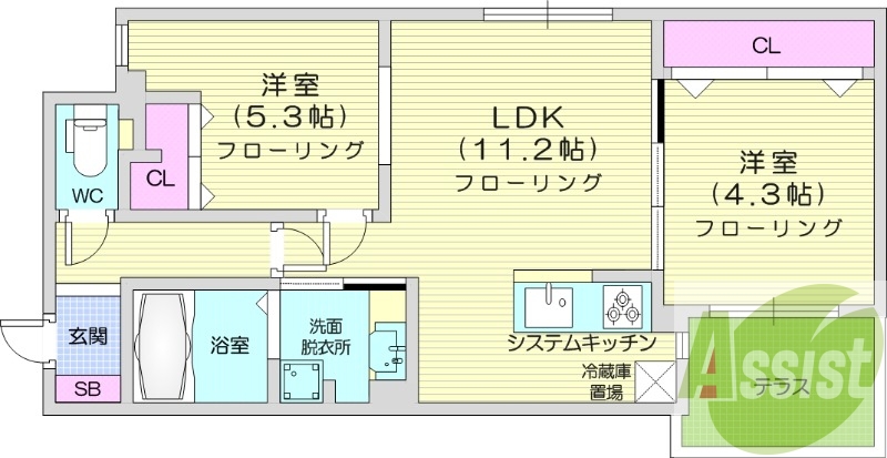 2LDK、エアコン、都市ガス、システムキッチン