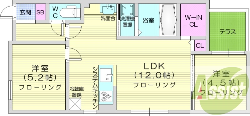2LDK、エアコン、都市ガス、システムキッチン