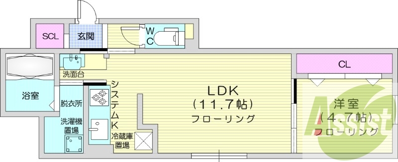 1LDK、エアコン、都市ガス、システムキッチン
